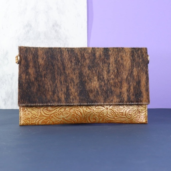 Elegant Brown and Gold Clutch / Hand-tooled / Cowhide 🐄 (B) - Picture 2 of 9